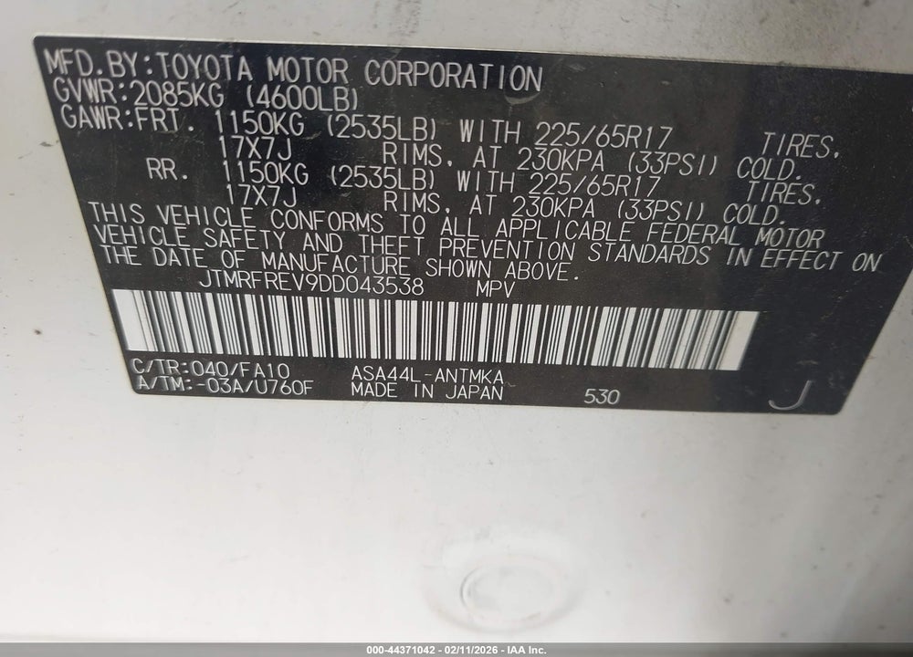 2013 TOYOTA RAV4 XLE VIN: JTMRFREV9DD043538