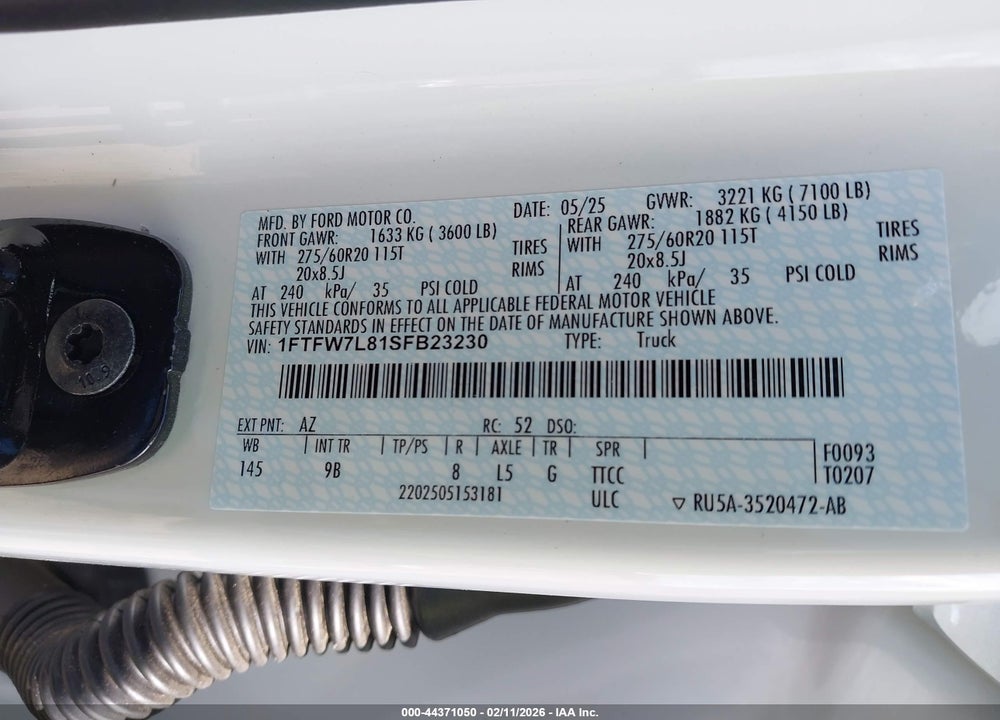 2025 FORD F-150 PLATINUM VIN: 1FTFW7L81SFB23230