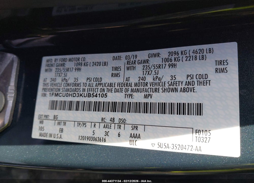2019 FORD ESCAPE SEL VIN: 1FMCU0HD3KUB54105