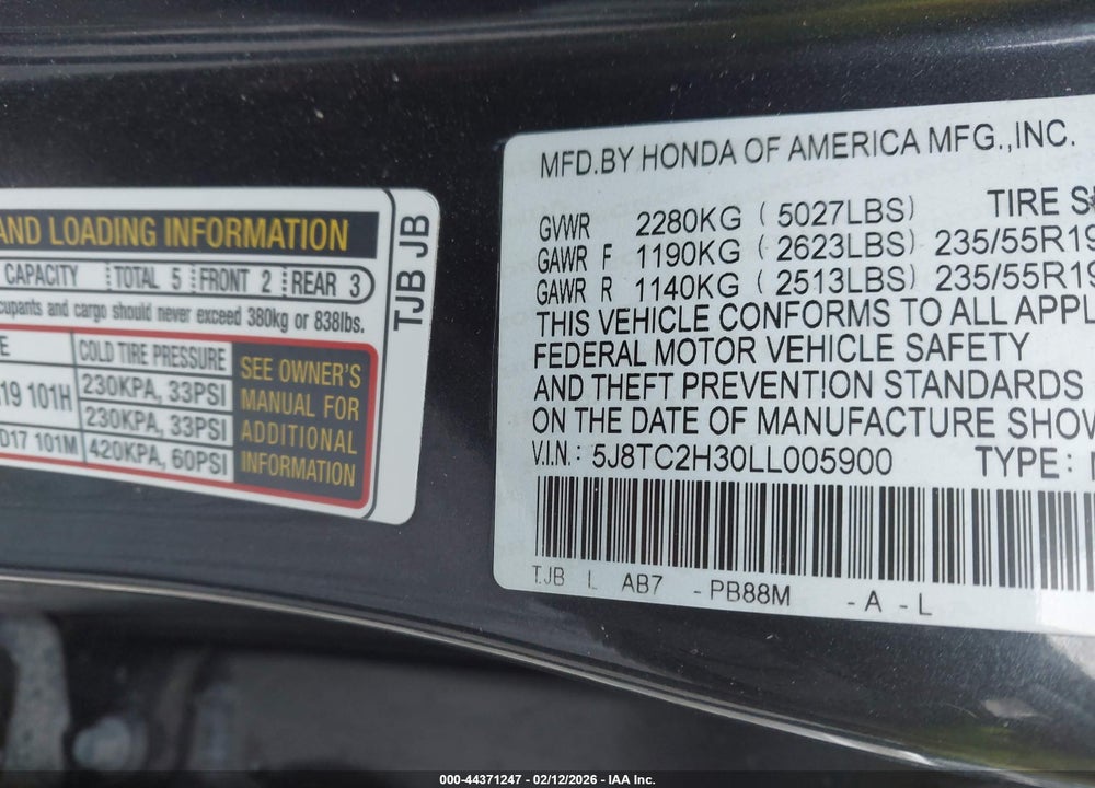 2020 ACURA RDX STANDARD VIN: 5J8TC2H30LL005900