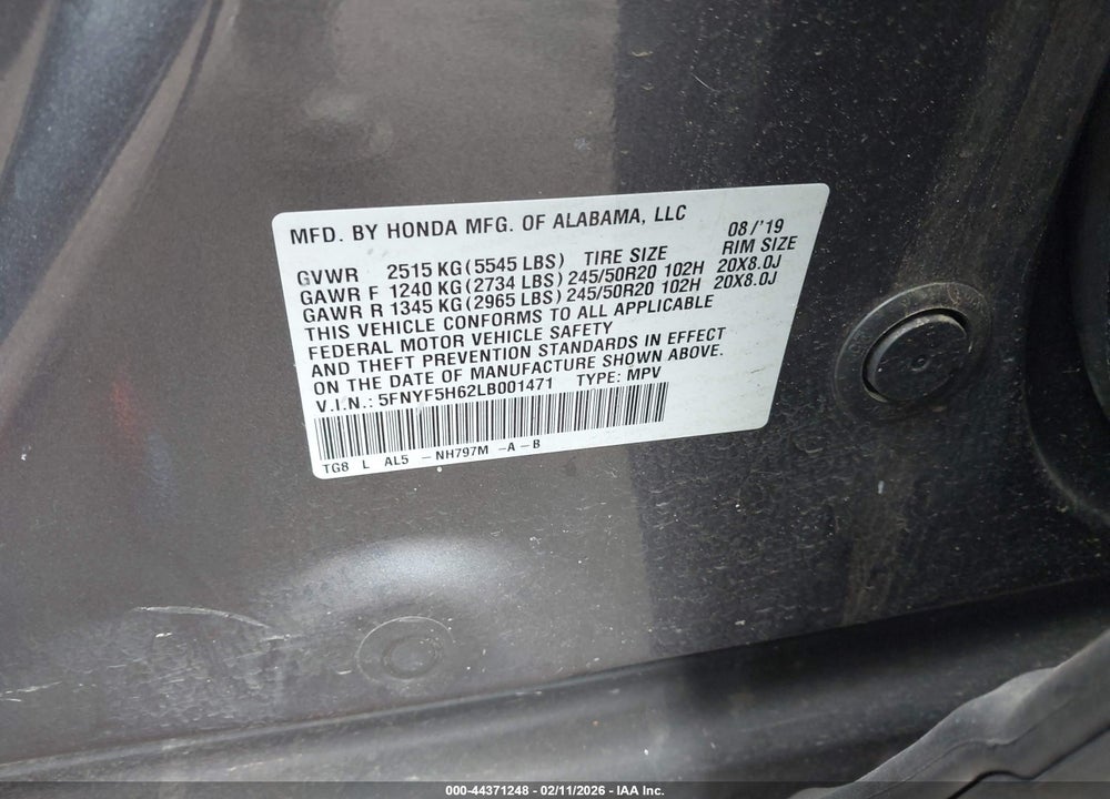 2020 HONDA PILOT 2WD TOURING 7 PASSENGER VIN: 5FNYF5H62LB001471