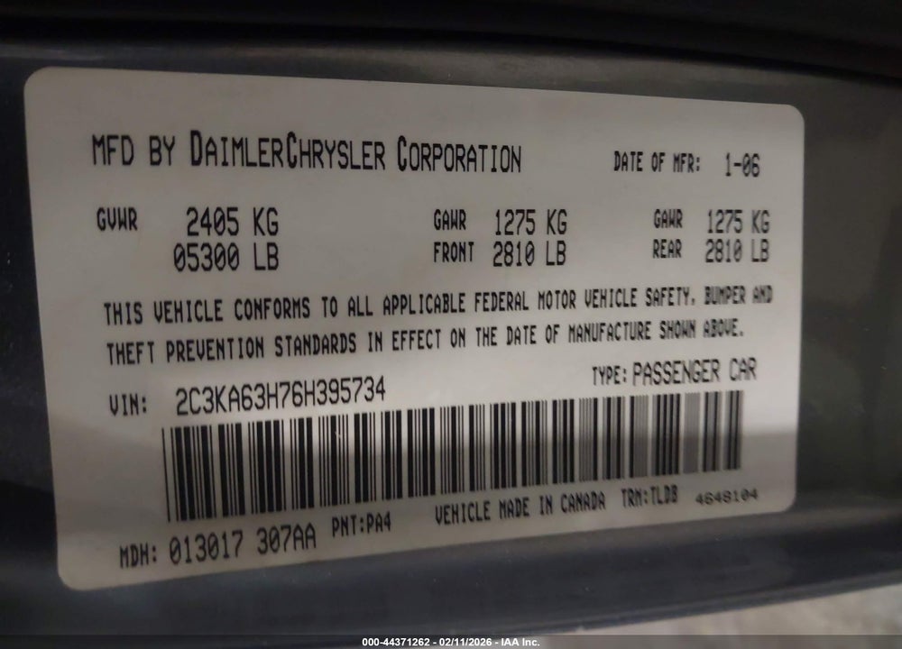 2006 CHRYSLER 300C VIN: 2C3KA63H76H395734
