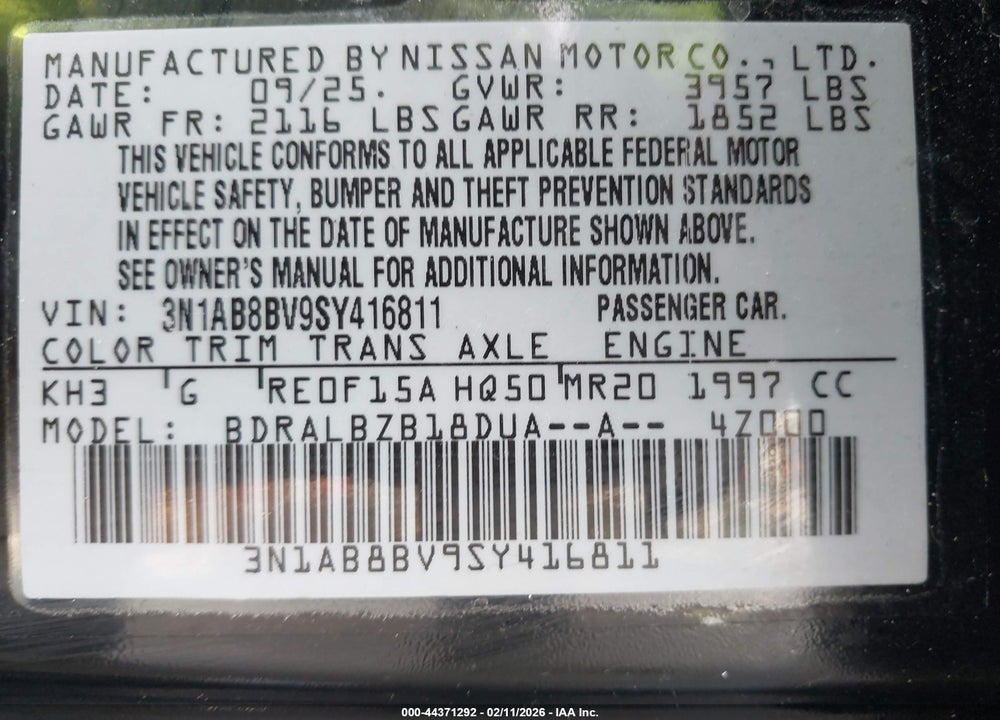 2025 NISSAN SENTRA S VIN: 3N1AB8BV9SY416811