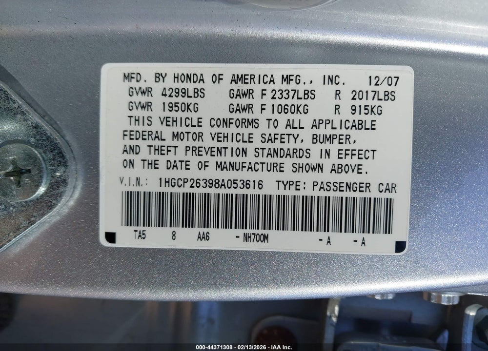 2008 HONDA ACCORD 2.4 LX VIN: 1HGCP26398A053616