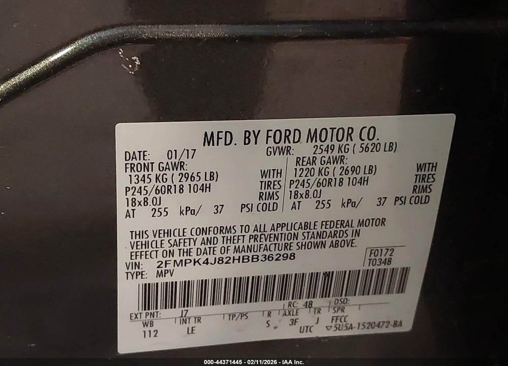 2017 FORD EDGE SEL VIN: 2FMPK4J82HBB36298