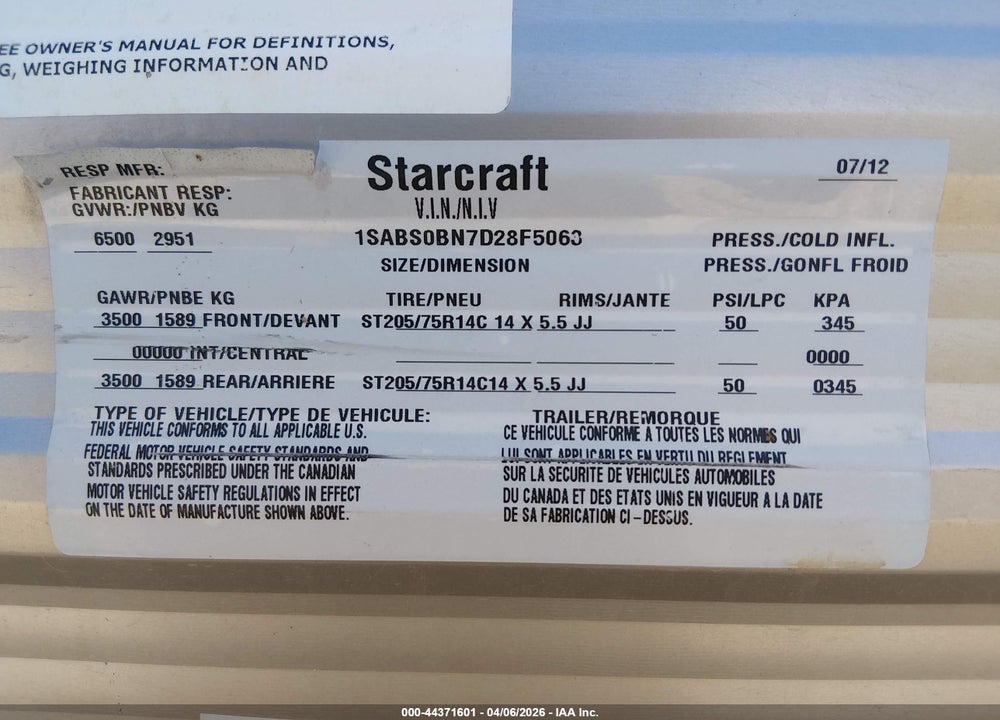 2013 STARCRAFT 26FT VIN: 1SABS0BN7D28F5063