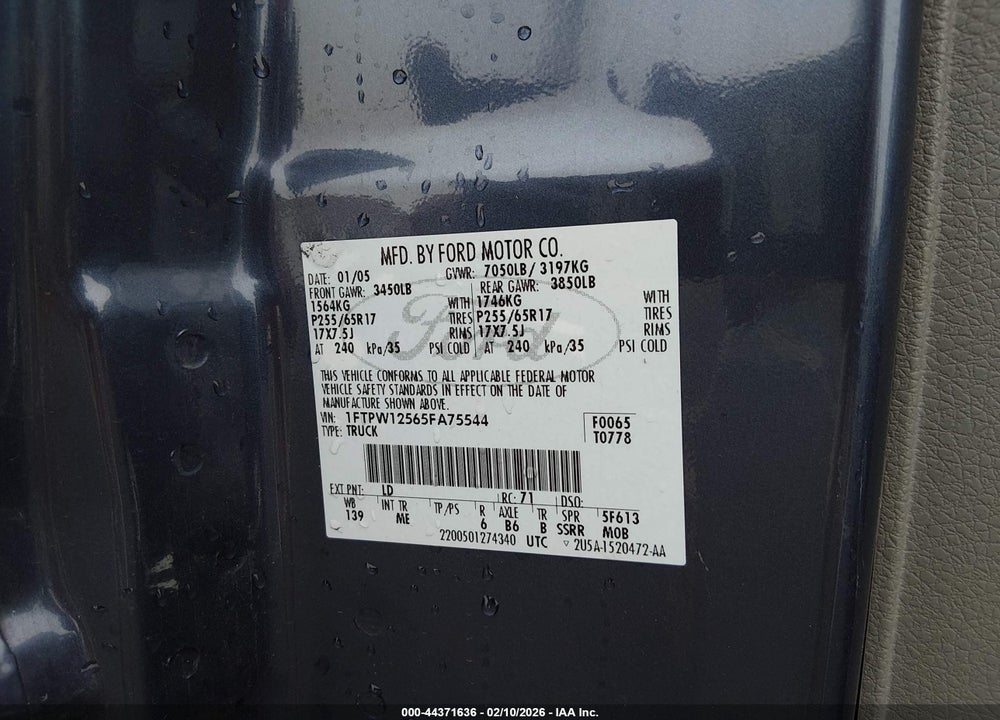 2005 FORD F-150 LARIAT/XLT VIN: 1FTPW12565FA75544