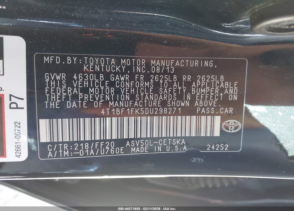 2013 TOYOTA CAMRY SE VIN: 4T1BF1FK5DU298271