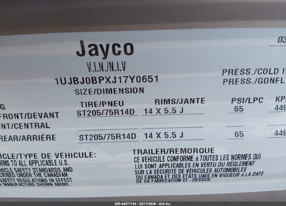 2018 JAYCO M265 VIN: 1UJBJ0BPXJ17Y0651