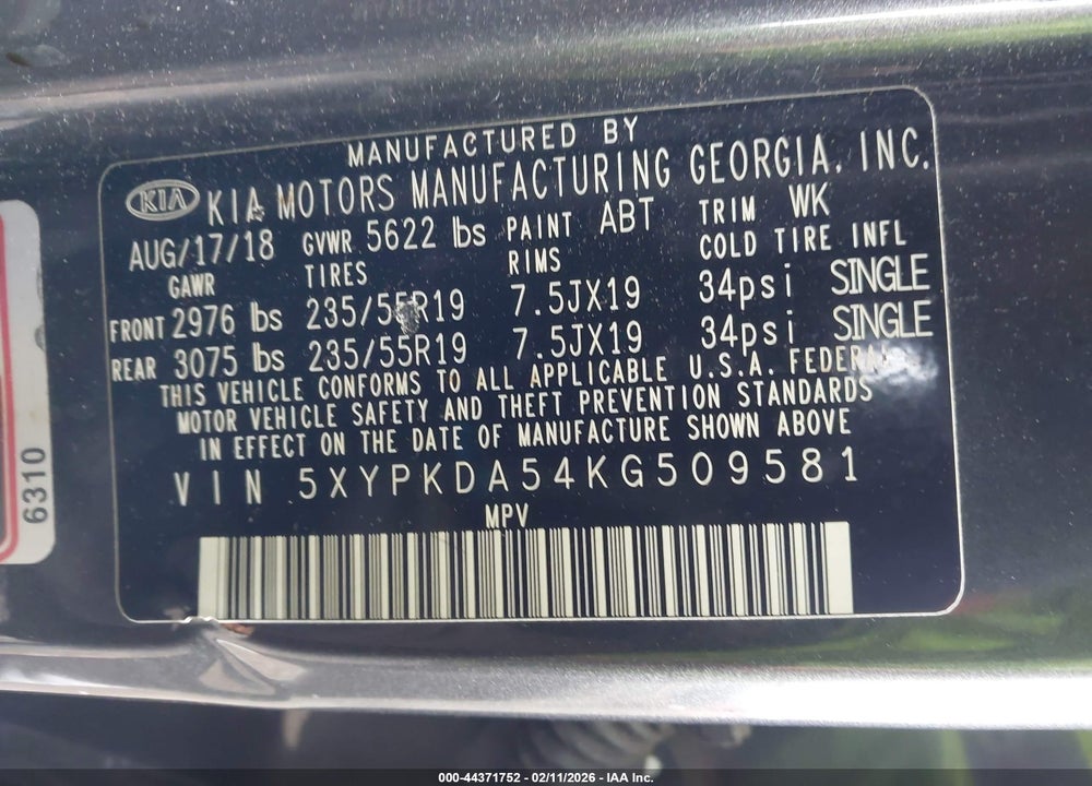 2019 KIA SORENTO 3.3L SX VIN: 5XYPKDA54KG509581