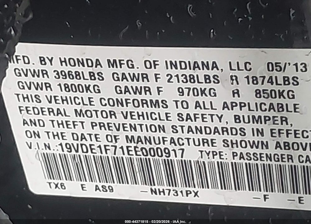 2014 ACURA ILX 2.0L VIN: 19VDE1F71EE000917