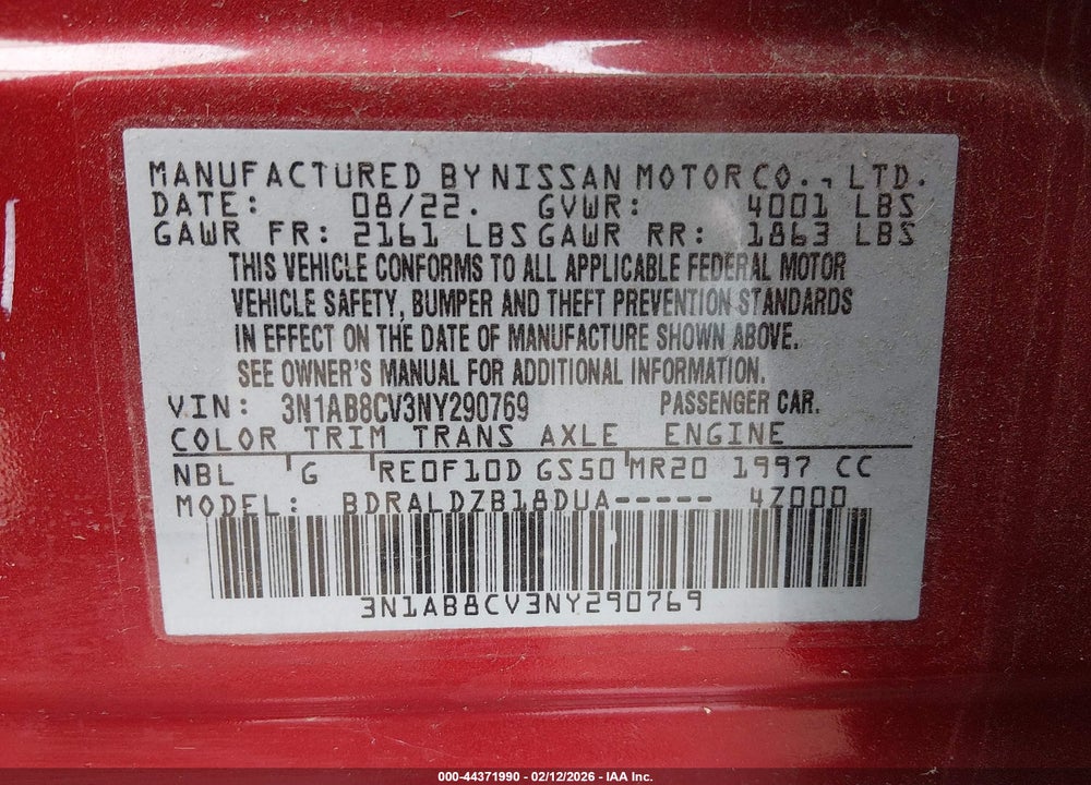 2022 NISSAN SENTRA SV XTRONIC CVT VIN: 3N1AB8CV3NY290769