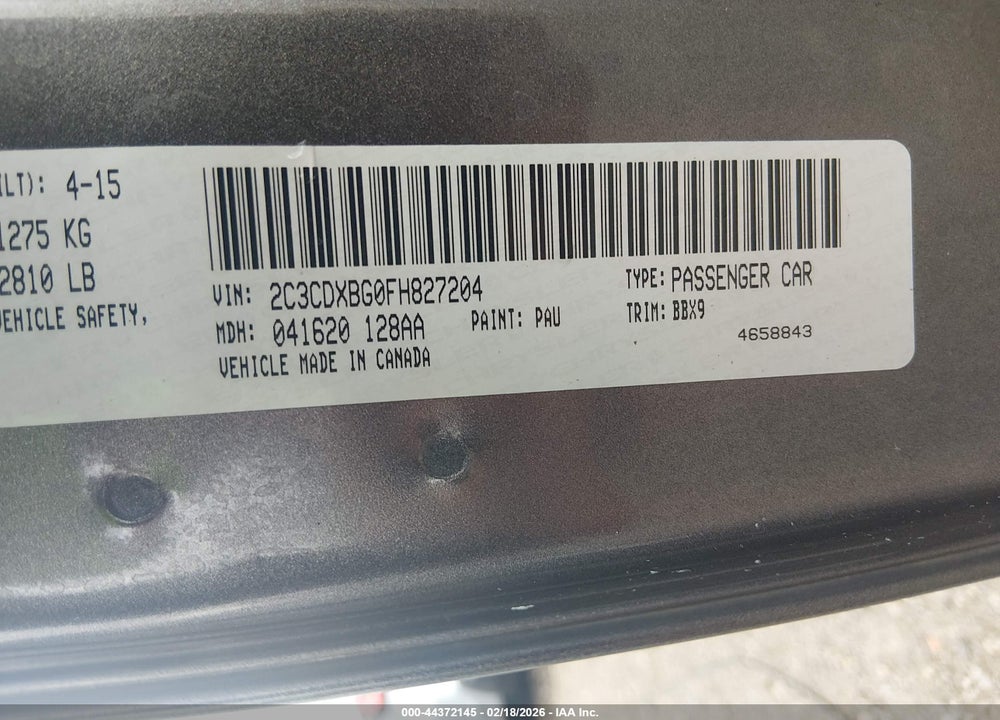 2015 DODGE CHARGER SE VIN: 2C3CDXBG0FH827204