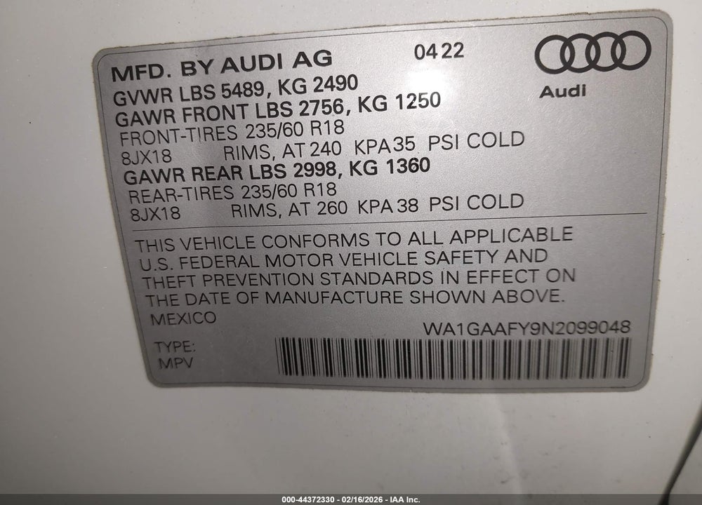 2022 AUDI Q5 PREMIUM 45 TFSI S LINE QUATTRO S TRONIC VIN: WA1GAAFY9N2099048