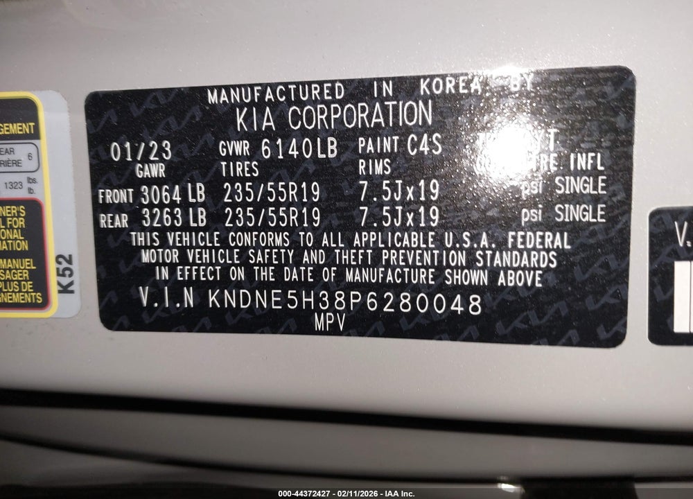 2023 KIA CARNIVAL MPV SX VIN: KNDNE5H38P6280048