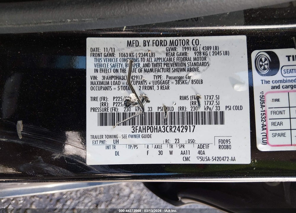 2012 FORD FUSION SE VIN: 3FAHP0HA3CR242917