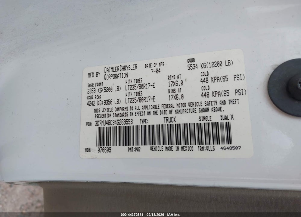 2004 DODGE RAM 3500 SLT/LARAMIE VIN: 3D7MU48C94G269553