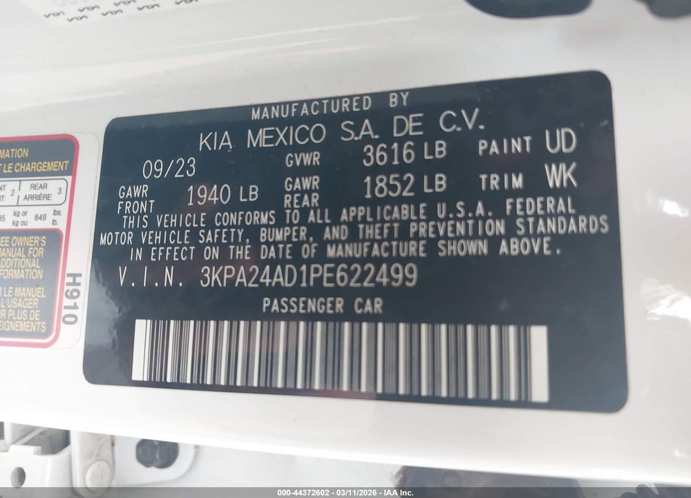 2023 KIA RIO LX VIN: 3KPA24AD1PE622499
