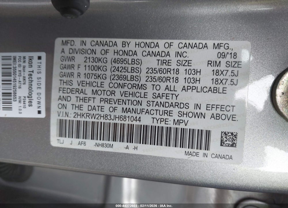 2018 HONDA CR-V EX-L/EX-L NAVI VIN: 2HKRW2H83JH681044