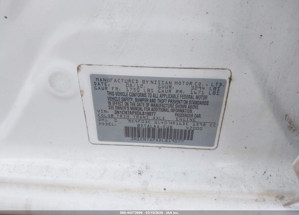 2013 NISSAN VERSA 1.6 S VIN: 3N1CN7APXDL819077