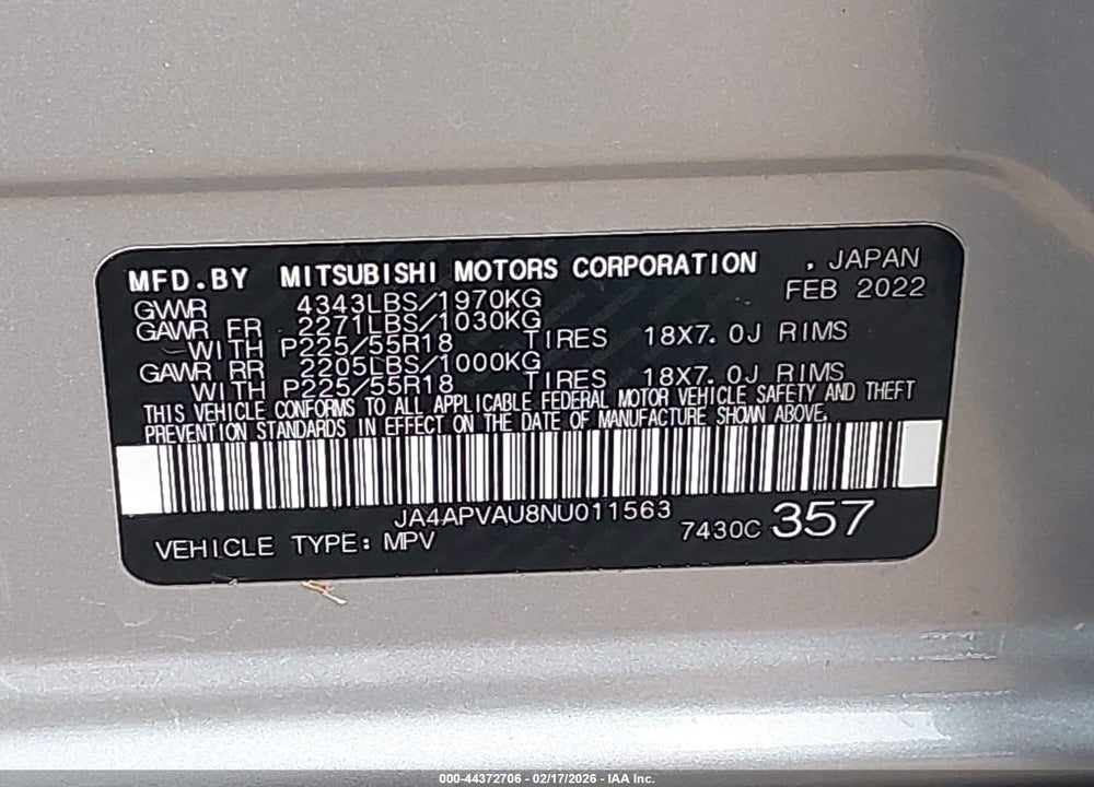2022 MITSUBISHI OUTLANDER SPORT 2.0 SE 2WD VIN: JA4APVAU8NU011563