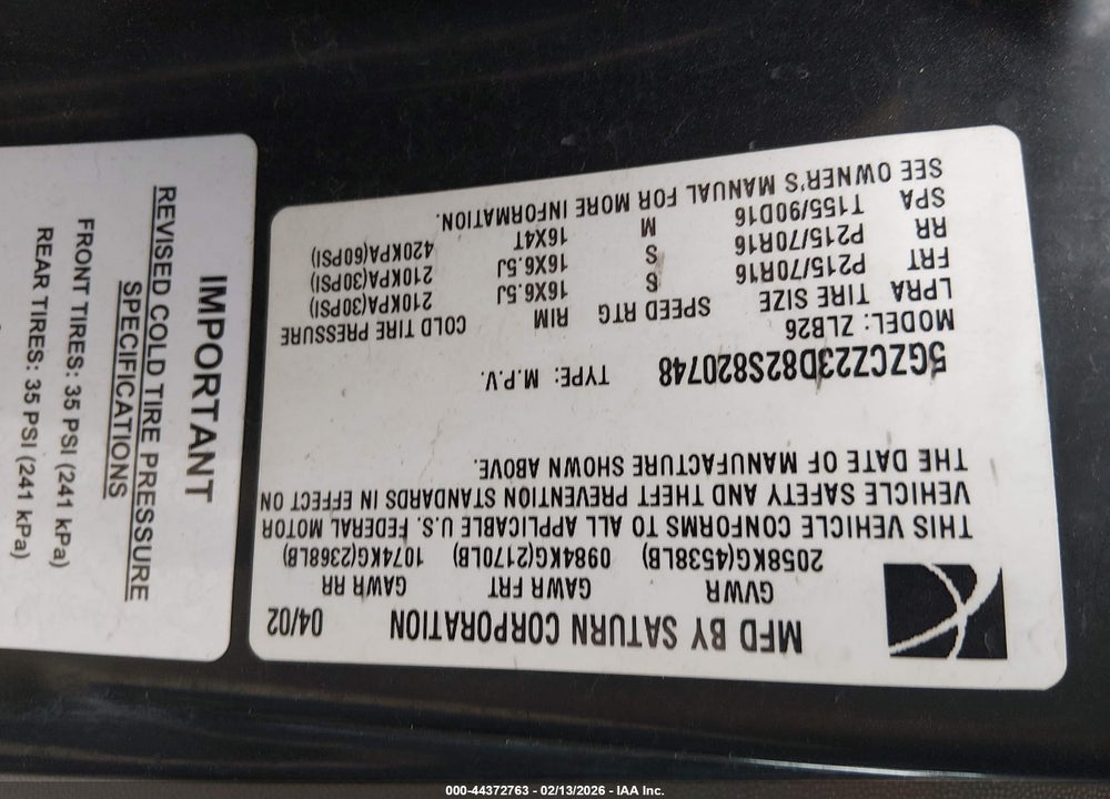 2002 SATURN VUE 4 CYL VIN: 5GZCZ23D82S820748