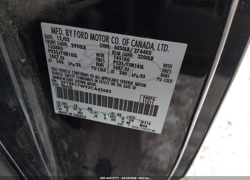 2003 FORD F-150 XL/XLT VIN: 2FTRF17W93CA45683