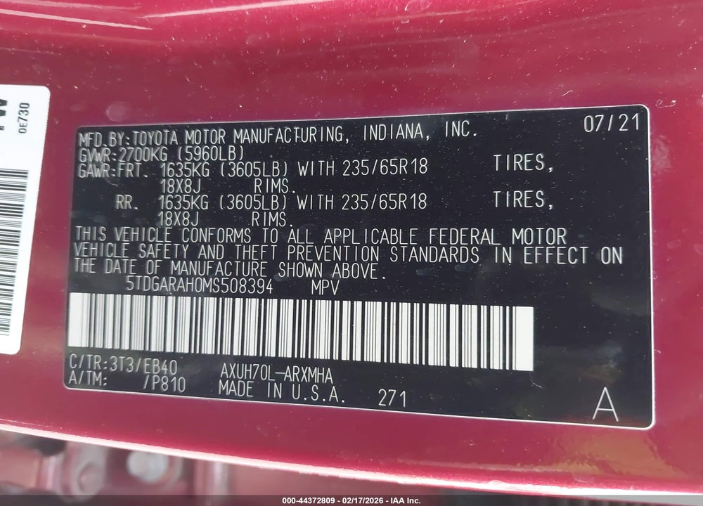 2021 TOYOTA HIGHLANDER HYBRID XLE VIN: 5TDGARAH0MS508394