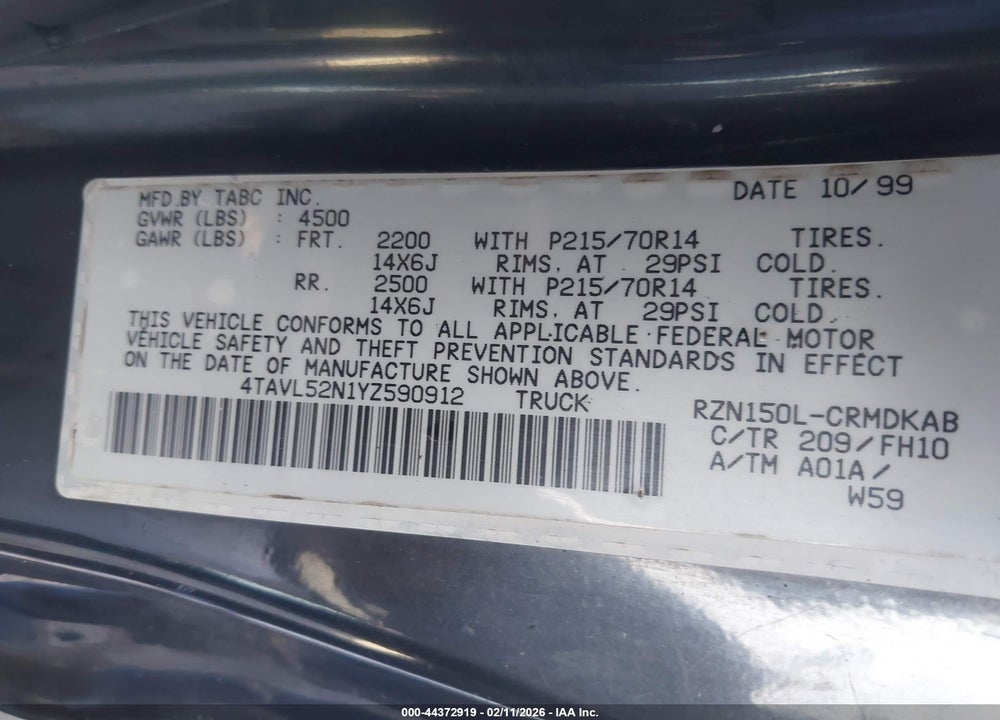 2000 TOYOTA TACOMA VIN: 4TAVL52N1YZ590912