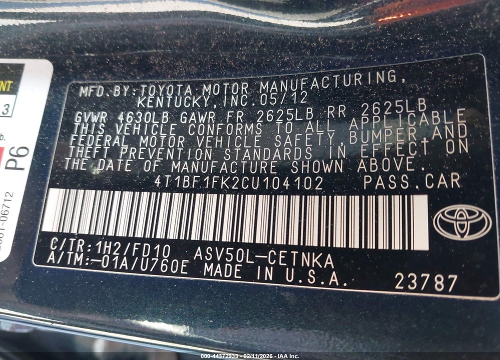 2012 TOYOTA CAMRY LE VIN: 4T1BF1FK2CU104102
