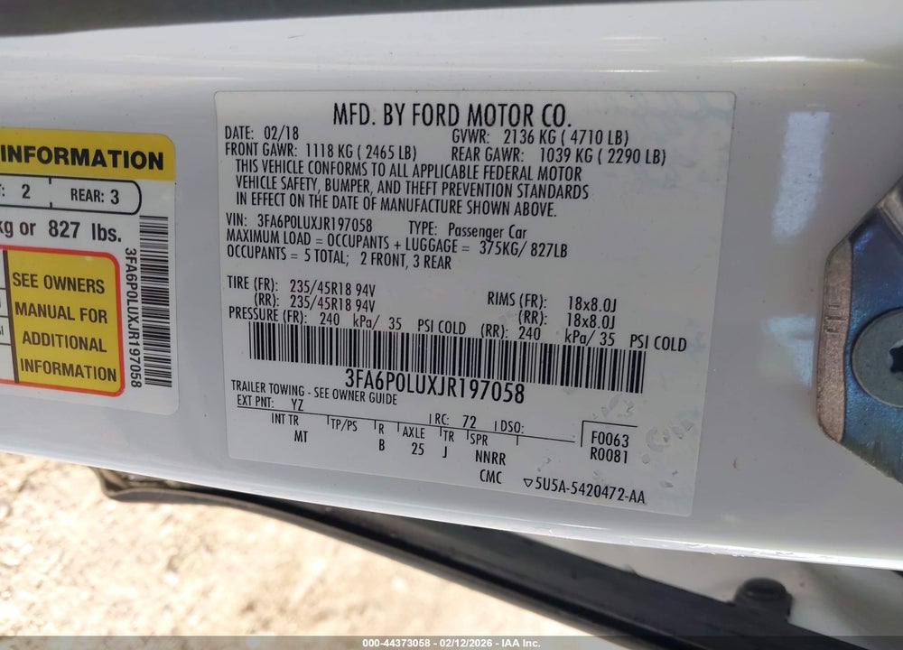 2018 FORD FUSION HYBRID SE VIN: 3FA6P0LUXJR197058