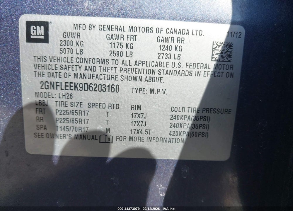 2013 CHEVROLET EQUINOX 1LT VIN: 2GNFLEEK9D6203160