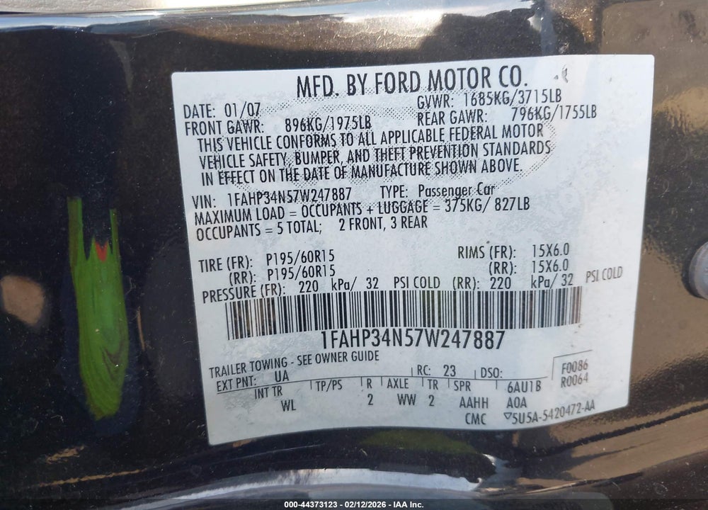 2007 FORD FOCUS S/SE/SES VIN: 1FAHP34N57W247887