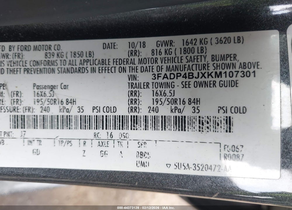 2019 FORD FIESTA SE VIN: 3FADP4BJXKM107301