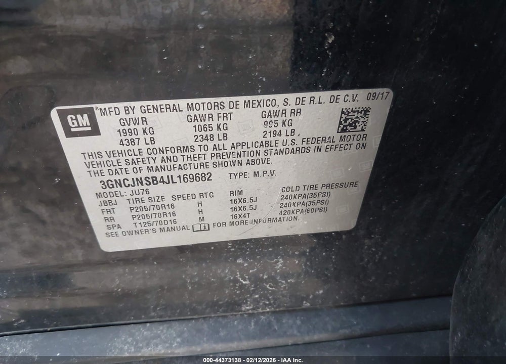 2018 CHEVROLET TRAX LS VIN: 3GNCJNSB4JL169682