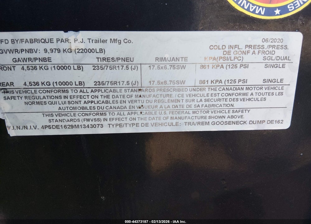 2021 PJ TRAILERS  VIN: 4P5DE1629M1343073