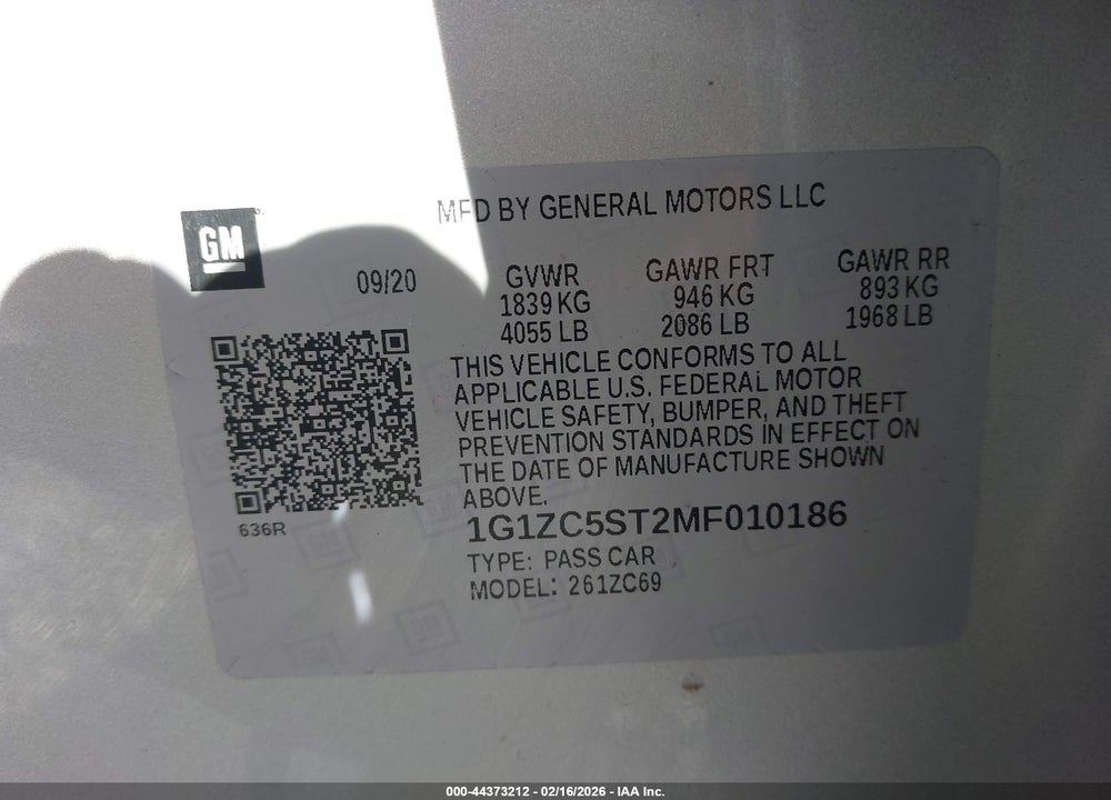 2021 CHEVROLET MALIBU FWD 1FL VIN: 1G1ZC5ST2MF010186
