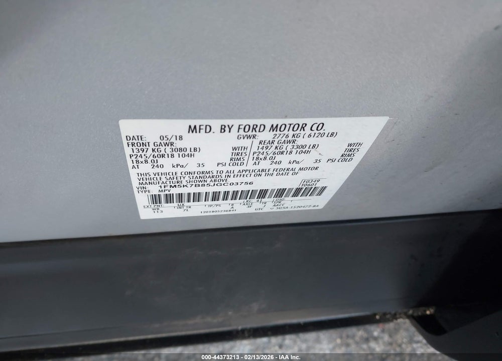 2018 FORD EXPLORER VIN: 1FM5K7B85JGC03756