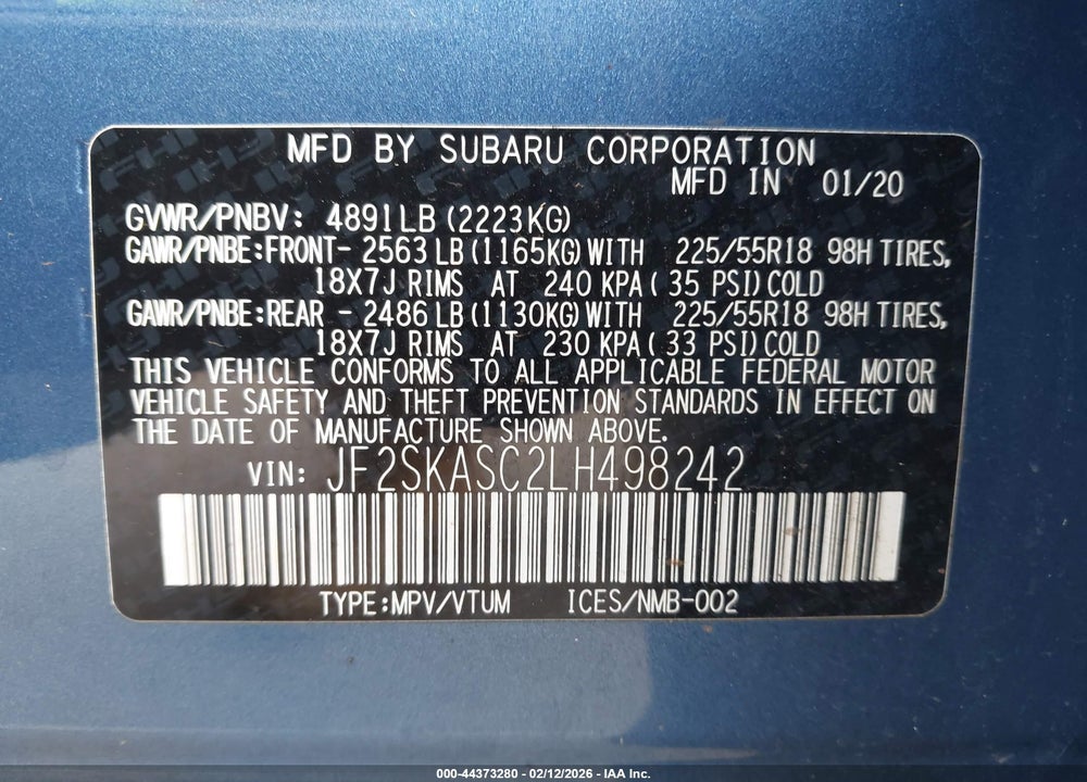 2020 SUBARU FORESTER LIMITED VIN: JF2SKASC2LH498242