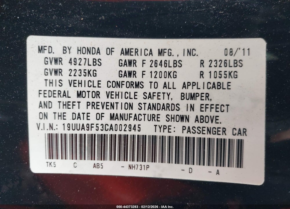 2012 ACURA TL 3.7 VIN: 19UUA9F53CA002945
