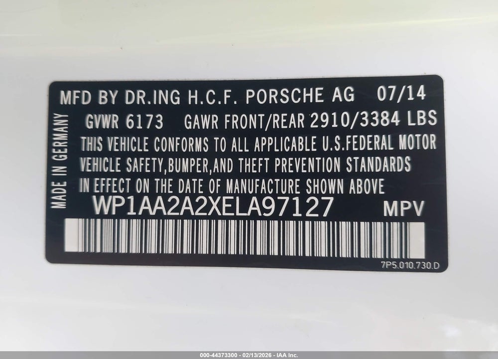 2014 PORSCHE CAYENNE VIN: WP1AA2A2XELA97127