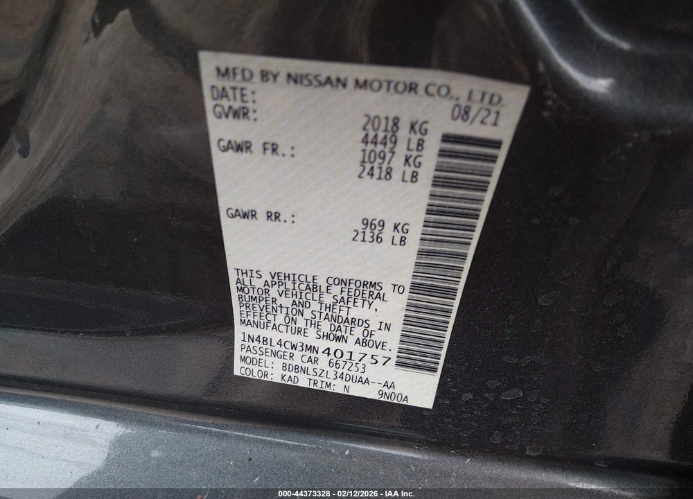 2021 NISSAN ALTIMA SR INTELLIGENT AWD VIN: 1N4BL4CW3MN401757