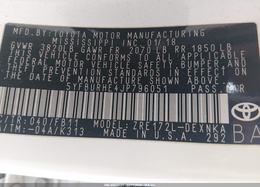 2018 TOYOTA COROLLA LE VIN: 5YFBURHE4JP796051