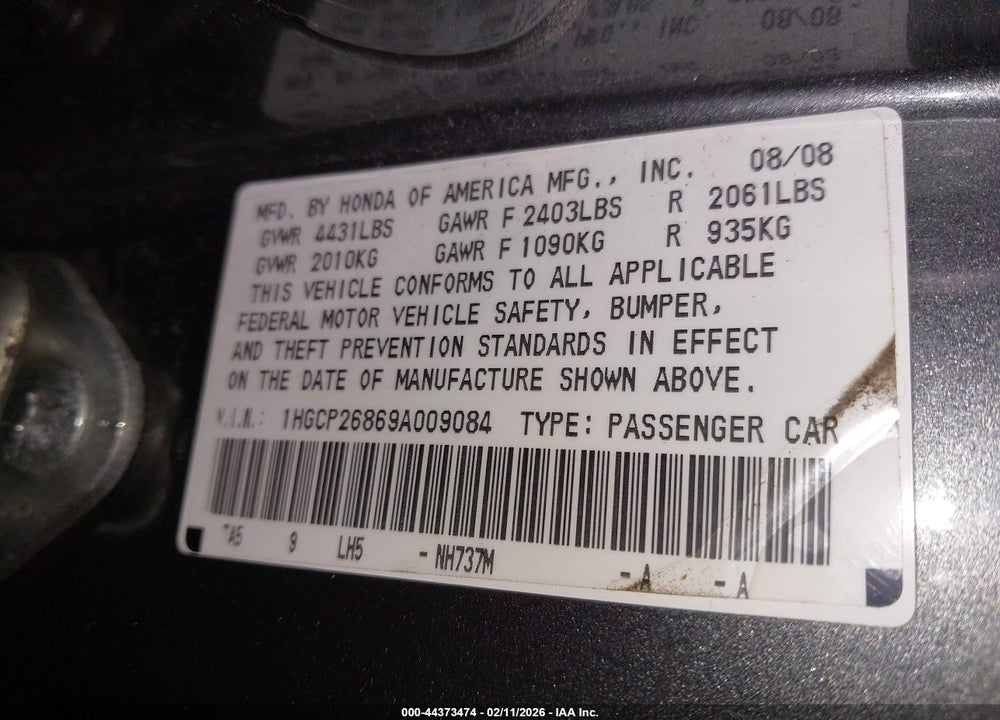 2009 HONDA ACCORD 2.4 EX-L VIN: 1HGCP26869A009084