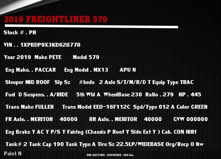 2019 PETERBILT 579 VIN: 1XPBDP9X3KD628778