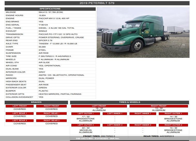 2019 PETERBILT 579 VIN: 1XPBDP9X3KD628778