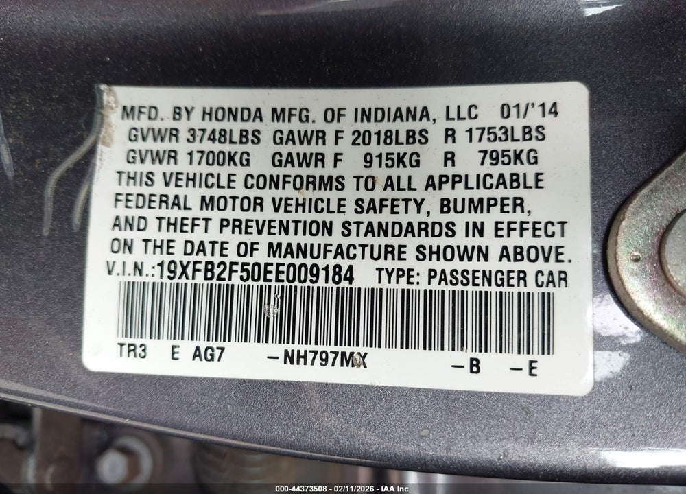 2014 HONDA CIVIC LX VIN: 19XFB2F50EE009184
