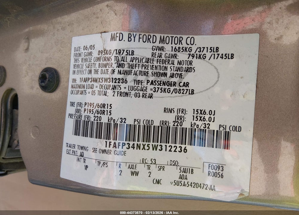 2005 FORD FOCUS ZX4 VIN: 1FAFP34NX5W312236