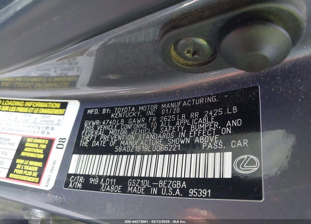 2020 LEXUS ES 350 VIN: 58ADZ1B18LU066221