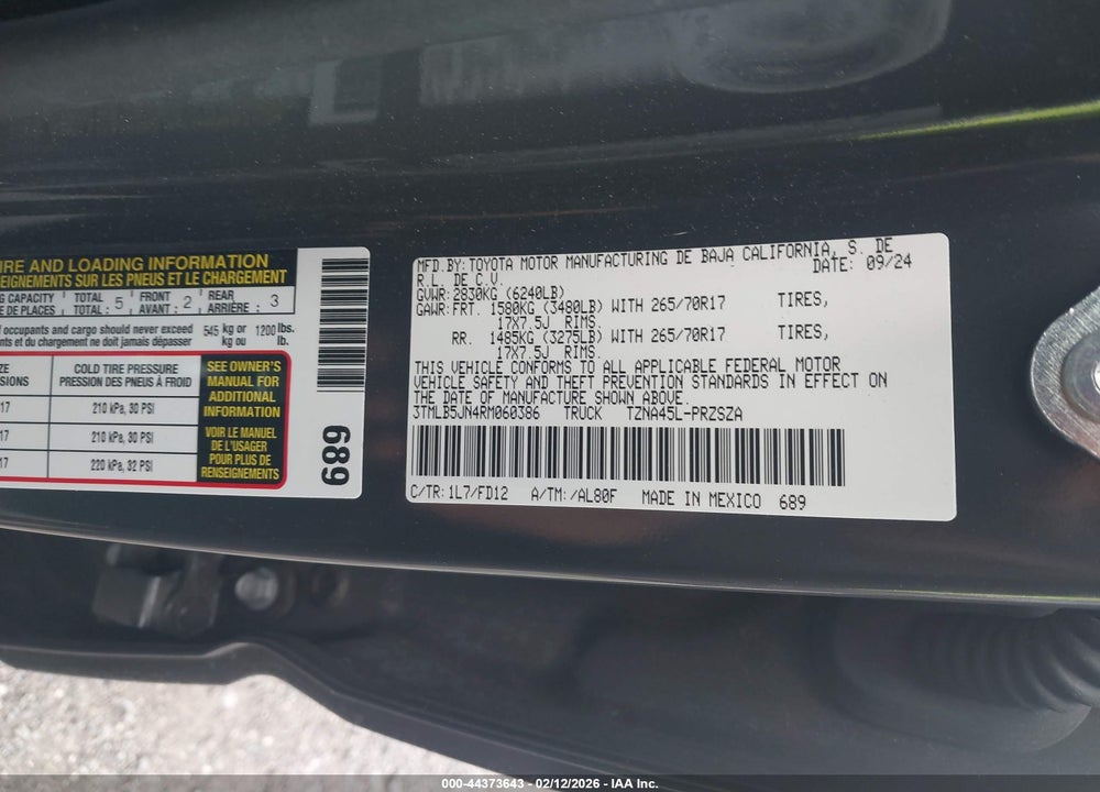2024 TOYOTA TACOMA TRD OFF ROAD VIN: 3TMLB5JN4RM060386